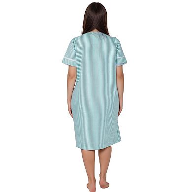 Women’s Short Sleeve Snap Front Striped Design Cotton Blend Duster Housecoat