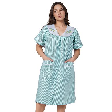 Women’s Short Sleeve Snap Front Striped Design Cotton Blend Duster Housecoat