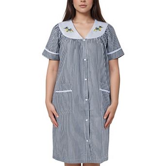 Women’s Short Sleeve Snap Front Striped Design Cotton Blend Duster Housecoat