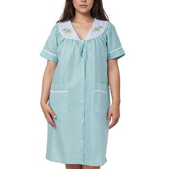 Women’s Short Sleeve Snap Front Striped Design Cotton Blend Duster Housecoat