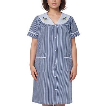 Women’s Short Sleeve Snap Front Striped Design Cotton Blend Duster Housecoat