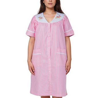 Women’s Short Sleeve Snap Front Striped Design Cotton Blend Duster Housecoat