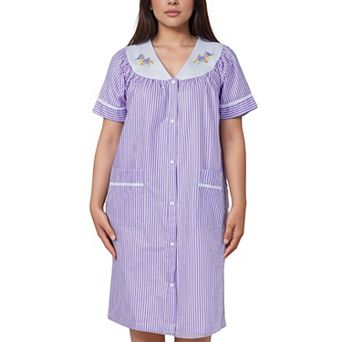 Women’s Short Sleeve Snap Front Striped Design Cotton Blend Duster Housecoat