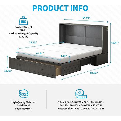 Mjkone Queen Murphy Cabinet Bed with Tri-Fold Mattress & Charging Station
