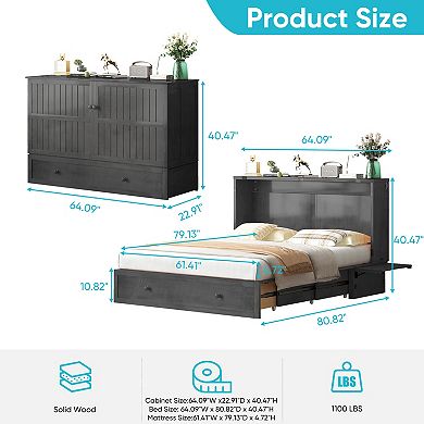 Mjkone Queen Murphy Cabinet Bed with Tri-Fold Mattress & Charging Station