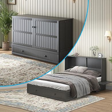 Mjkone Queen Murphy Cabinet Bed with Tri-Fold Mattress & Charging Station