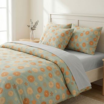 4 pc Cotton Bedding Set with Floral Pattern Duvet Cover, Pillowcases, and Flat Sheet