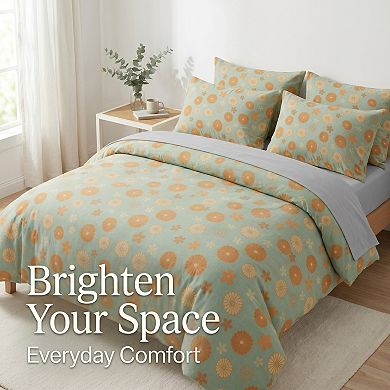 4-Piece Cotton Bedding Set with Floral Pattern Duvet Cover, Pillowcases, and Flat Sheet