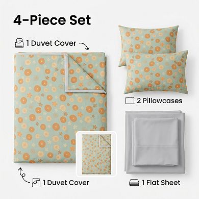 4-Piece Cotton Bedding Set with Floral Pattern Duvet Cover, Pillowcases, and Flat Sheet