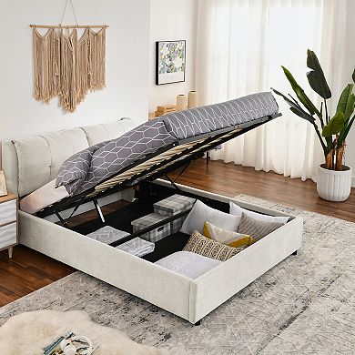 KWPZQEB Hydraulic Chenille Platform Bed with Upholstered Headboard & Storage, No Box Spring Needed