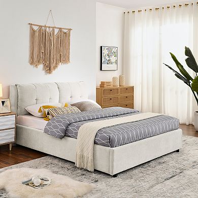 KWPZQEB Hydraulic Chenille Platform Bed with Upholstered Headboard & Storage, No Box Spring Needed