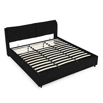 KWPZQEB Hydraulic Chenille Platform Bed with Upholstered Headboard & Storage, No Box Spring Needed