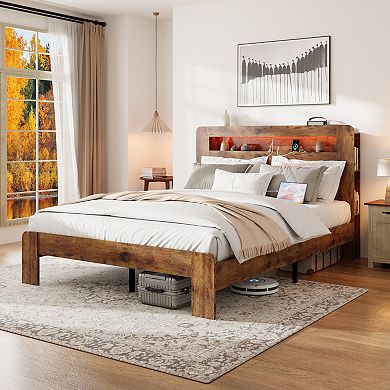 KWPZQEB Farmhouse Wooden Bed Frame with Storage Headboard & 2 USB, Noise Free,No Box Spring Needed