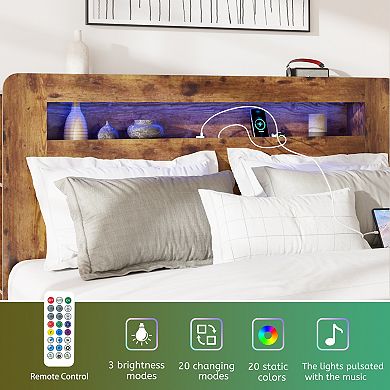 KWPZQEB Farmhouse Wooden Bed Frame with Storage Headboard & 2 USB, Noise Free,No Box Spring Needed