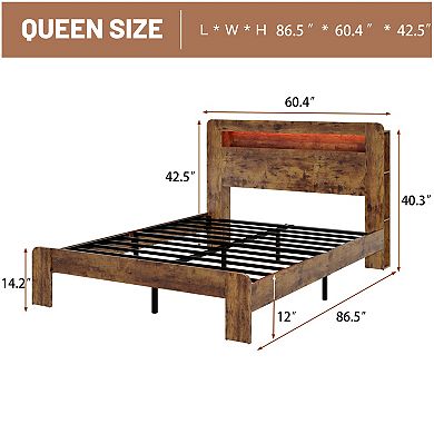 KWPZQEB Farmhouse Wooden Bed Frame with Storage Headboard & 2 USB, Noise Free,No Box Spring Needed