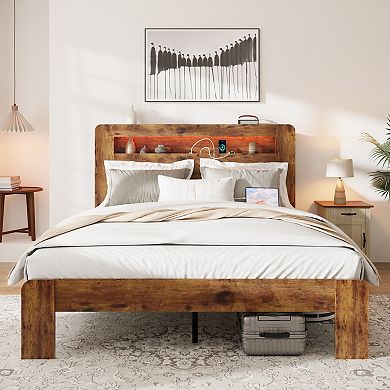 KWPZQEB Farmhouse Wooden Bed Frame with Storage Headboard & 2 USB, Noise Free,No Box Spring Needed
