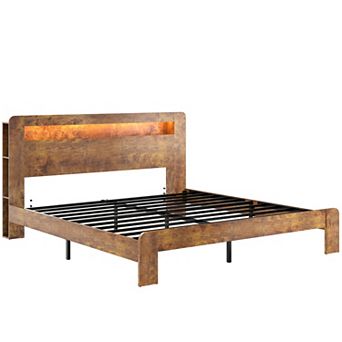 KWPZQEB Farmhouse Wooden Bed Frame with Storage Headboard & 2 USB, Noise Free,No Box Spring Needed