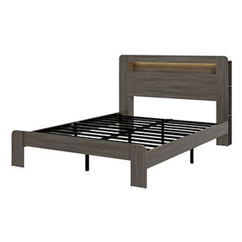 KWPZQEB Farmhouse Wooden Bed Frame with Storage Headboard & 2 USB, Noise Free,No Box Spring Needed