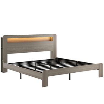 KWPZQEB Farmhouse Wooden Bed Frame with Storage Headboard & 2 USB, Noise Free,No Box Spring Needed