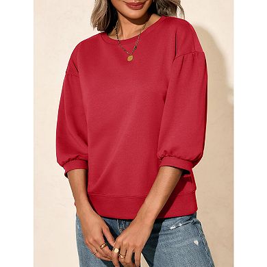 Women's Puff 3/4 Sleeve Crewneck Sweatshirt, Casual Loose Fit Blouse, Lightweight Pullover Top