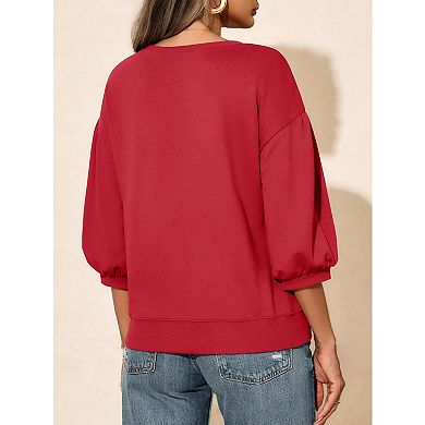 Women's Puff 3/4 Sleeve Crewneck Sweatshirt, Casual Loose Fit Blouse, Lightweight Pullover Top