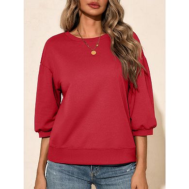 Women's Puff 3/4 Sleeve Crewneck Sweatshirt, Casual Loose Fit Blouse, Lightweight Pullover Top