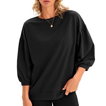 Women's Puff 3/4 Sleeve Crewneck Sweatshirt, Casual Loose Fit Blouse, Lightweight Pullover Top