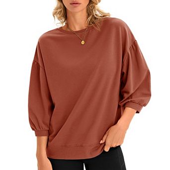 Women's Puff 3/4 Sleeve Crewneck Sweatshirt, Casual Loose Fit Blouse, Lightweight Pullover Top