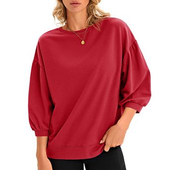 Women's Puff 3/4 Sleeve Crewneck Sweatshirt, Casual Loose Fit Blouse, Lightweight Pullover Top