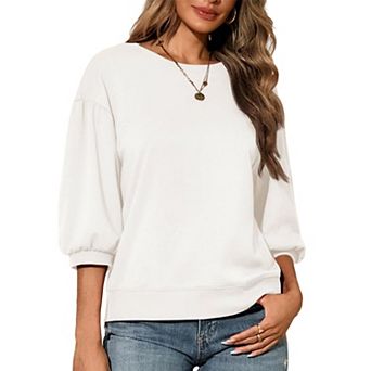 Women's Puff 3/4 Sleeve Crewneck Sweatshirt, Casual Loose Fit Blouse, Lightweight Pullover Top