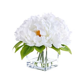 8-Inch Artificial White Peony Floral Arrangement in Glass Vase with Faux Water - VeriNatural