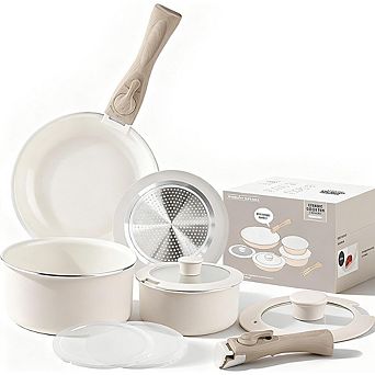 Ceramic Nonstick Cookware Set 10 pc Non-Toxic, Detachable Handles, Induction Safe