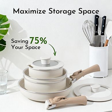 Ceramic Nonstick Cookware Set 10-Pc, Non-Toxic, Detachable Handles, Induction Safe
