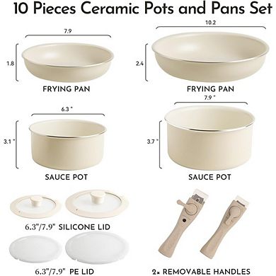 Ceramic Nonstick Cookware Set 10-Pc, Non-Toxic, Detachable Handles, Induction Safe