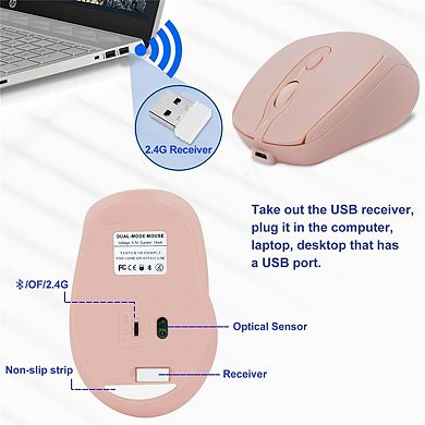 Wireless Bluetooth Mouse - 2.4G Dual Mode Silent Rechargeable Mouse, Quiet Click, USB Receiver