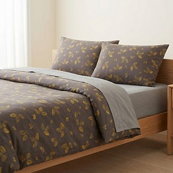 4 pc Cotton Bedding Set with Leaf Print Duvet Cover, Pillowcases, and Flat Sheet
