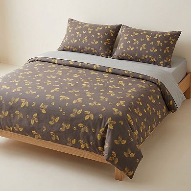 4-Piece Cotton Bedding Set with Leaf Print Duvet Cover, Pillowcases, and Flat Sheet