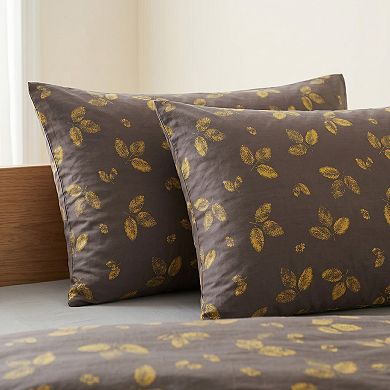 4-Piece Cotton Bedding Set with Leaf Print Duvet Cover, Pillowcases, and Flat Sheet