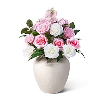VeriNatural 24 in Artificial Floral Arrangement in Handcrafted Ceramic Vase, Fake Desktop Home Décor