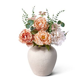 VeriNatural 24 in Artificial Floral Arrangement in Handcrafted Ceramic Vase, Fake Desktop Home Décor