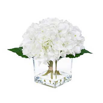 Artificial Hydrangea Flowers with Crystal Clear Faux Water in Glass Vase - VeriNatural