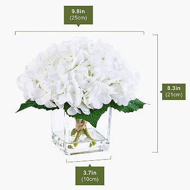 Artificial Hydrangea Flowers with Crystal Clear Faux Water in Glass Vase - VeriNatural