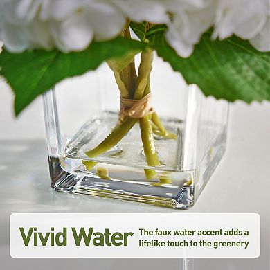 Artificial Hydrangea Flowers with Crystal Clear Faux Water in Glass Vase - VeriNatural