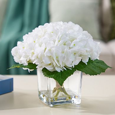 Artificial Hydrangea Flowers with Crystal Clear Faux Water in Glass Vase - VeriNatural