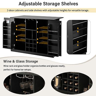 Lufeiya 47.2" Wine Bar Cabinet with Foldable Tabletop, Power Outlet, Wine Rack, Glass Holder