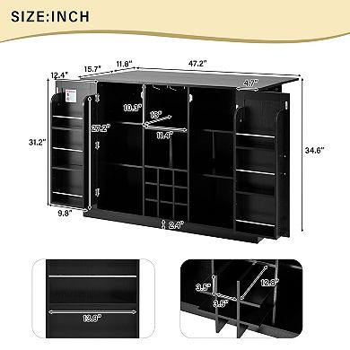 Lufeiya 47.2" Wine Bar Cabinet with Foldable Tabletop, Power Outlet, Wine Rack, Glass Holder