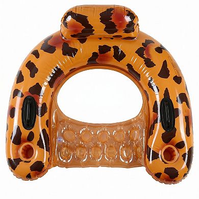 Cow Print Inflatable Pool Float Lounge Chair with Headrest Cup Holder and Handles Durable PVC Float