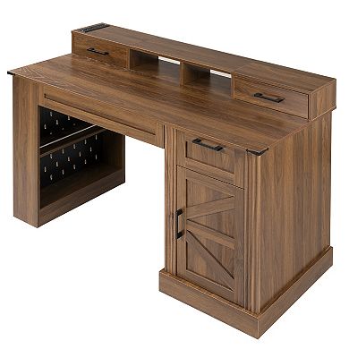 KWPZQEB 55" Farmhouse Barn Door Office Desk with Storage Cabinet & Charging Station, Pegboard