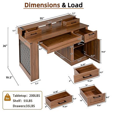 KWPZQEB 55" Farmhouse Barn Door Office Desk with Storage Cabinet & Charging Station, Pegboard