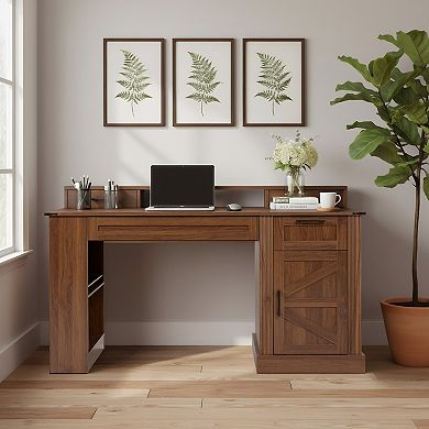 KWPZQEB 55" Farmhouse Barn Door Office Desk with Storage Cabinet & Charging Station, Pegboard